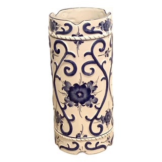 Vintage Blue and White Ceramic Umbrella Stand From Portugal For Sale