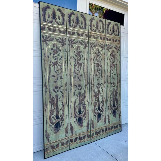 1920s Italian Art Deco Chinoiserie Four-Panel Hand-Painted Screen With Gold Gilt – Sage Green For Sale - Image 13 of 18