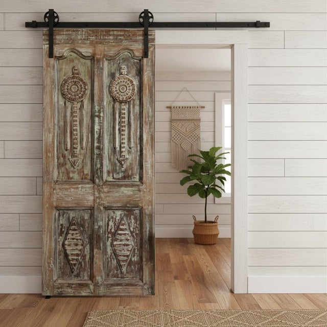 1920s Antique Carved Door Single Hinged or Sliding Farmhouse Barn Door 80x33 For Sale - Image 5 of 5