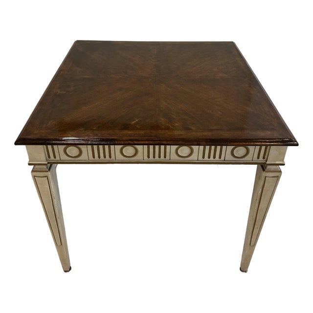 1960s Hollywood Regency Style Game Table by Heritage Furniture-Neoclassical Parquetry Side Table-Gilt Accented Square Dinner Table For Sale