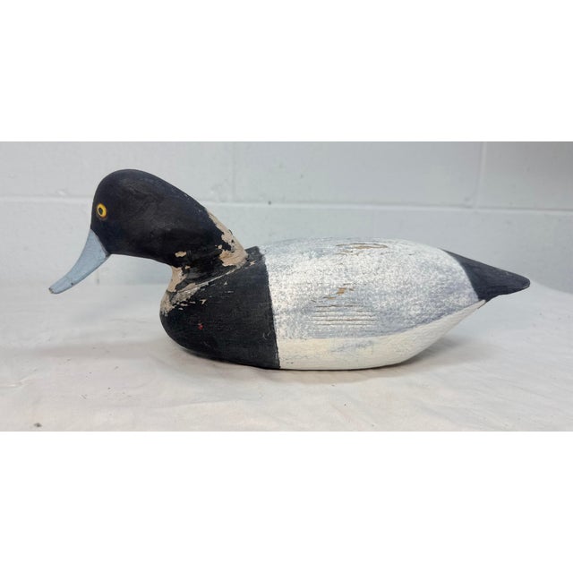 Antique Hand Carved Wood Folk Art Bluebill Drake Duck Decoy Bird Sculpture For Sale - Image 9 of 12