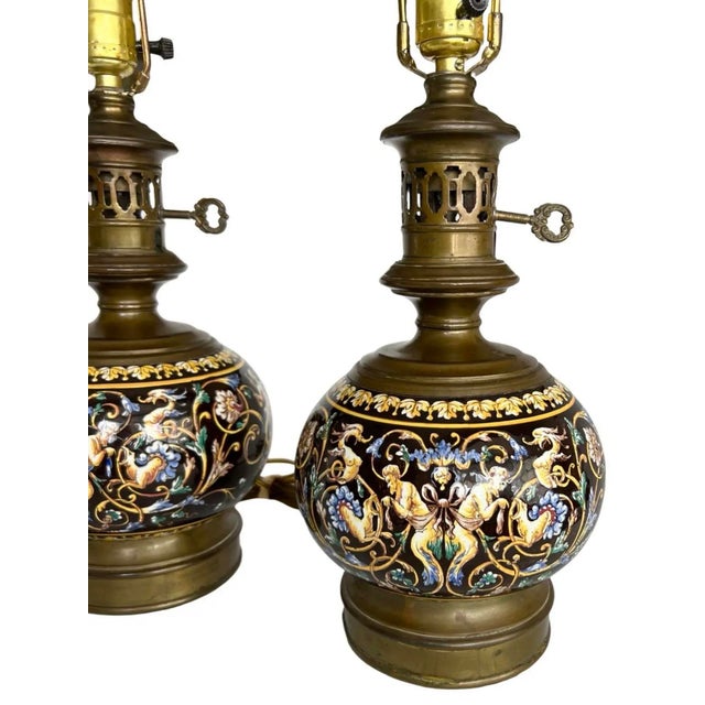 Late 19th Century Antique Gien Faience Oil Lamp Bases Converted to Table Lamps, Renaissance Décor on Black - A Pair For Sale - Image 5 of 10