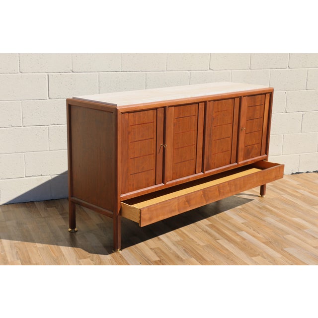 1970s Dunbar Mid-Century Modern Walnut Credenza / Sideboard With Travertine Top For Sale - Image 9 of 18