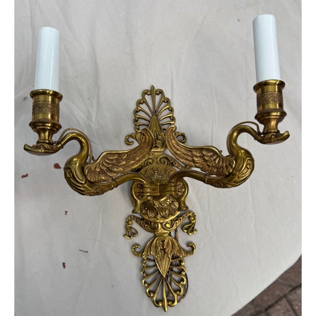 Vintage Pair of Brass Empire Revival Double Swan Electric Light Wall Sconces For Sale In Dallas - Image 6 of 9
