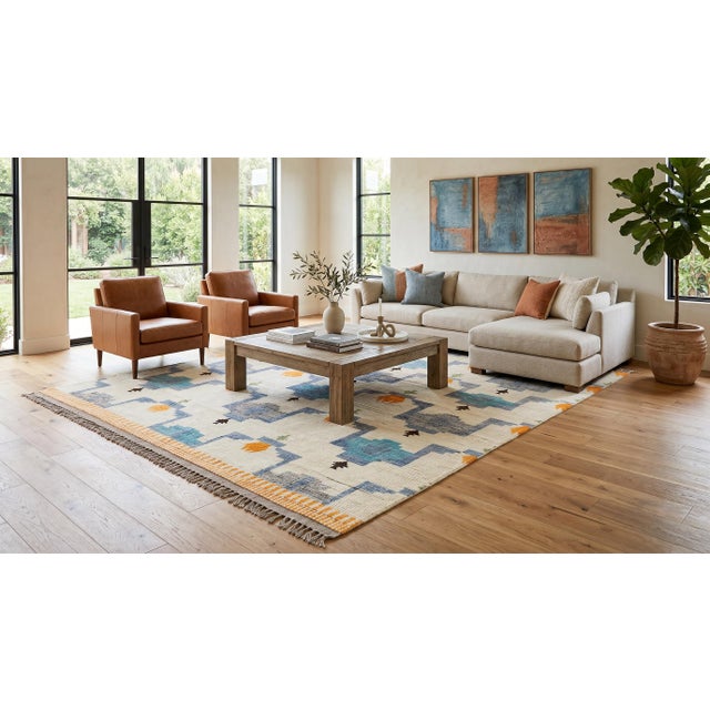 Elevate your space with this contemporary Moroccan-inspired rug. Hand-knotted from durable wool, it features a refreshing...
