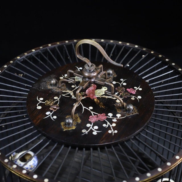 Late 19th Century Dark Wood Birdcage With Mother-of-Pearl Inlay and Porcelain Cups For Sale In Los Angeles - Image 6 of 10