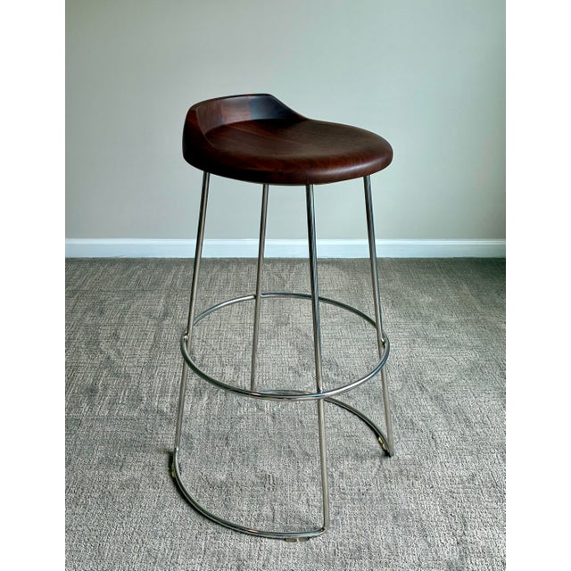 McGuire Set of 3 McGuire Wood and Stainless Steel Swivel Bar Stool For Sale - Image 4 of 7