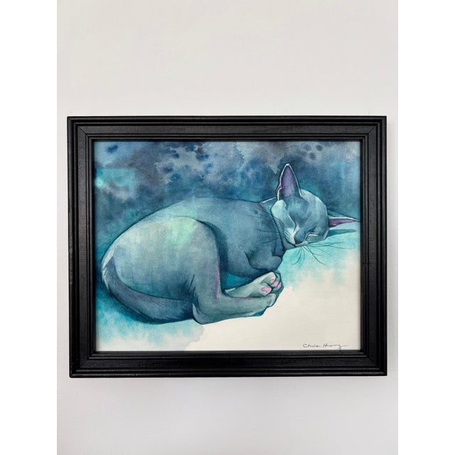 Contemporary Nestled in Blue by Chris Hong | Watercolour on paper of a sleeping blue cat For Sale - Image 3 of 4