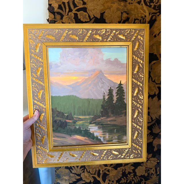 Mountain Landscape Painting on Canvas, Framed in Gilt Carved Oak Leaf Frame For Sale - Image 4 of 8