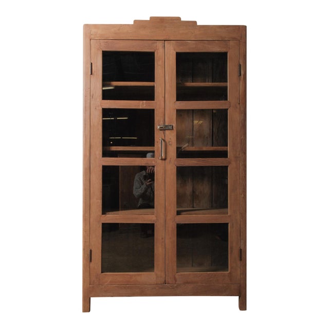 Vintage Wooden Glass-Front Almirah With Paneled Doors and Patinated Finish For Sale