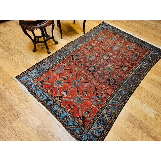 Vintage Persian Malayer Area Rug, Hand-Knotted Wool, Geometric Pattern, 4x6, Red & Blue For Sale In Chicago - Image 6 of 14