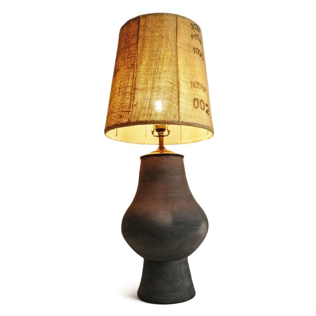 Black Earth Ware Burlap Shade Table Lamp For Sale In Los Angeles - Image 6 of 12
