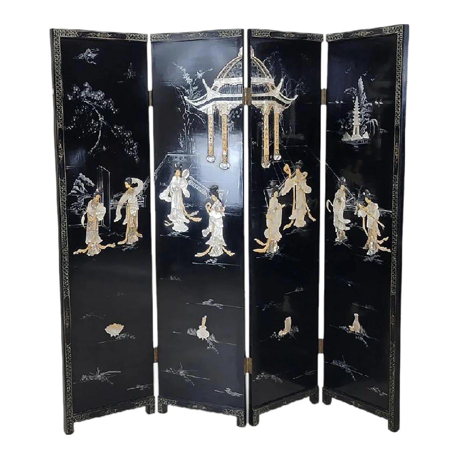 Antique Mother of Pearl & Hand Painted Asian 4 Panel Privacy
