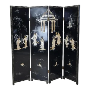 Antique Mother of Pearl & Hand Painted Asian 4 Panel Privacy Screen