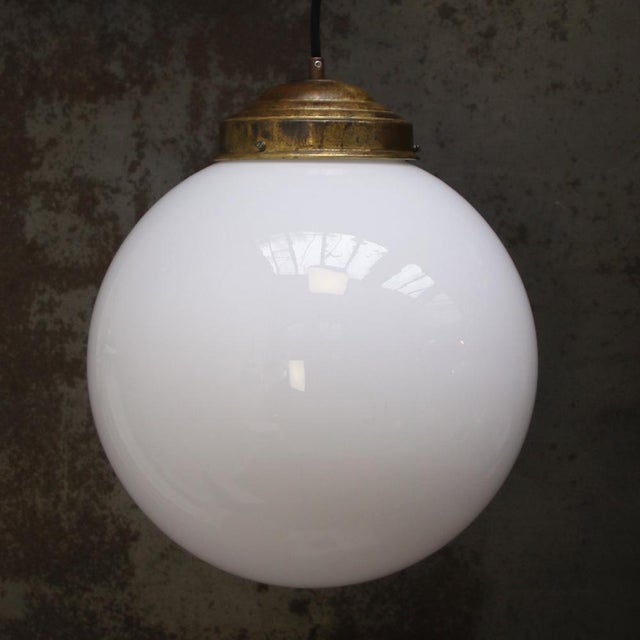 Mid-Century Modern Large Vintage Pendant Light in White Opaline Glass Globe and Brass For Sale - Image 3 of 7