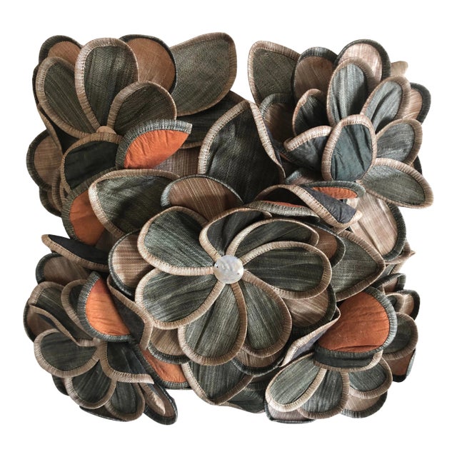 Contemporary Floral 3-D Pillow Cover With Mother of Pearl Buttons For Sale