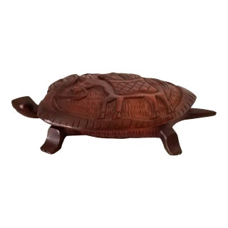 1980s Vintage Rosewood Hand Carved Turtle Box W/ Lid For Sale