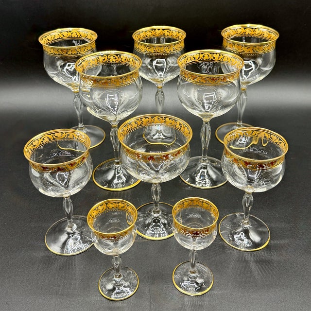 French Belle Époque Hand-Blown and Hand-Gilded Glass Champagne Coupes, Wine, Port and Liqueur Glasses, 1900s, Set of 18 For Sale - Image 15 of 18