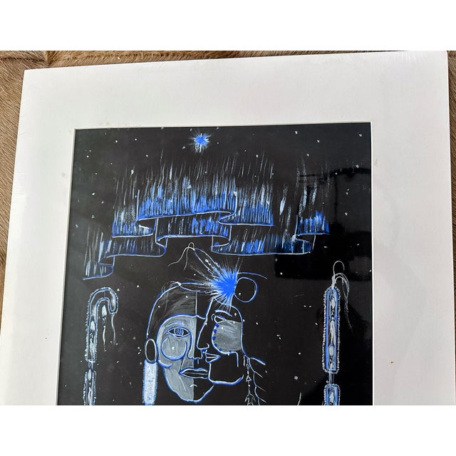 1970s 1970s Original Signed "Two Faces in Blue" Gouache on Paper by K. Lorentz For Sale - Image 5 of 8