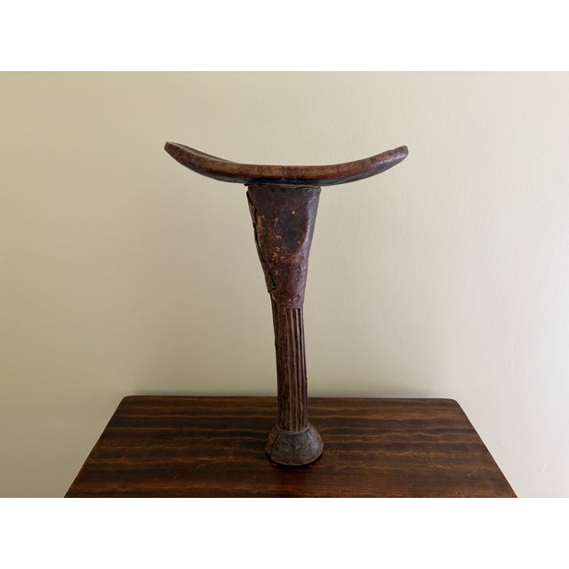 Contemporary Vintage East African Carved Wood and Leather Pastoralist Headrest Stool For Sale - Image 3 of 14