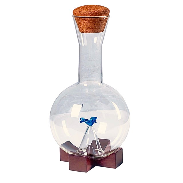 Vintage 1990s Post Modern Swid Powell Insp Michael Graves Memphis Handblown Glass Wine Decanter With Blue Bird Aerator Alessi Italy For Sale