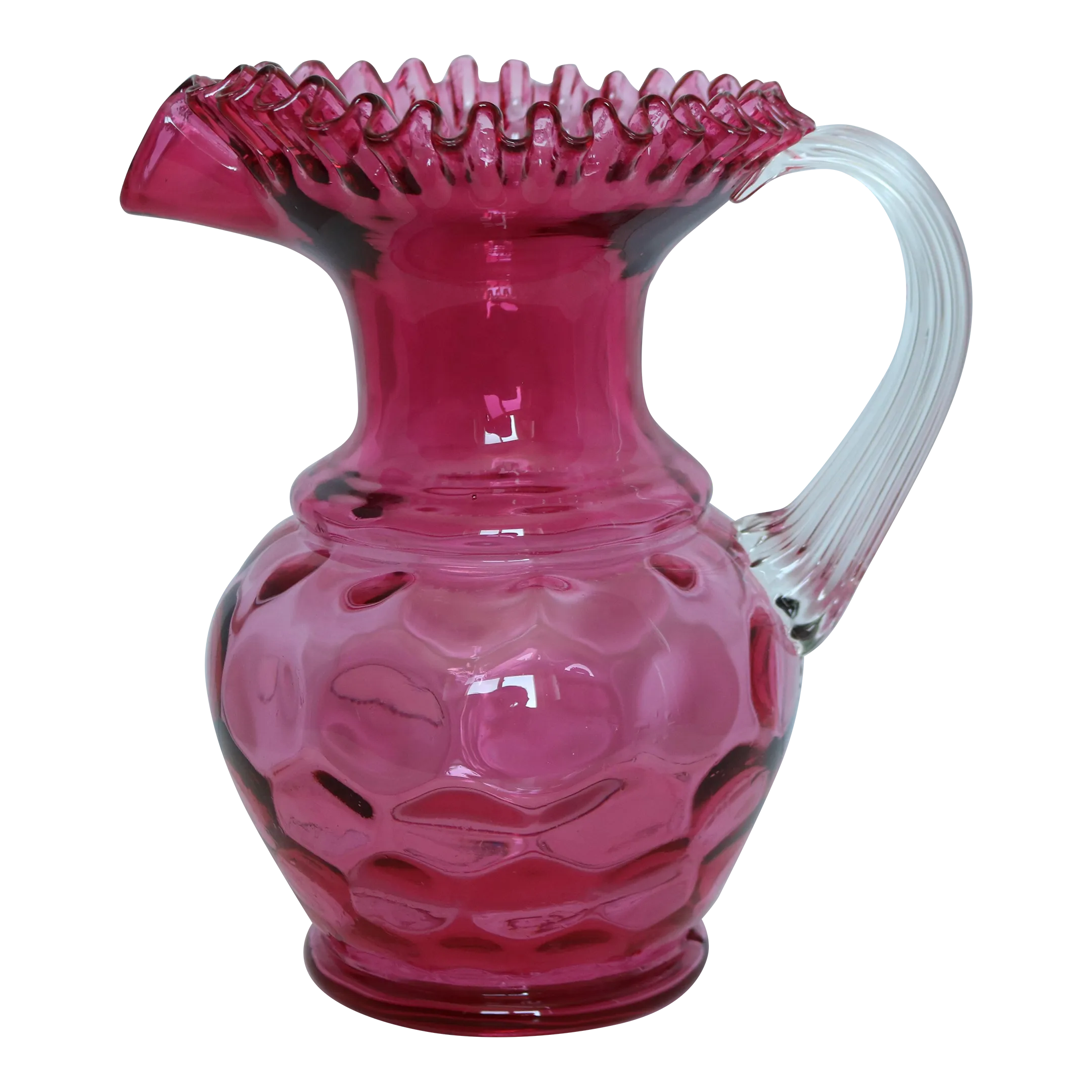 1970s Fenton Cranberry Glass Ruffled Edge Coin Dot Large Pitcher