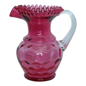 1970s Fenton Cranberry Glass Ruffled Edge Coin Dot Large Pitcher