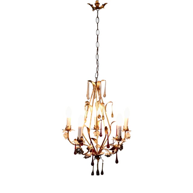 French Chandelier with Coloured Crystal Teardrops, 1920 For Sale