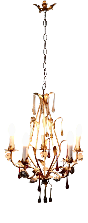 French Chandelier with Coloured Crystal Teardrops, 1920