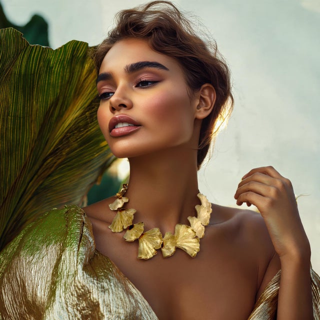 2010s Oscar De La Renta 22k Gold-Plated Pewter & Brass Ginkgo Leaf Statement Necklace For Sale - Image 5 of 13
