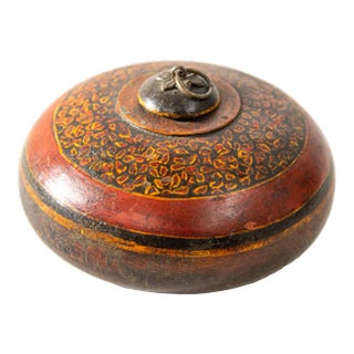 Vintage Asian Red and Black Painted Wooden Round Lidded Box With Metal Ring Handle For Sale