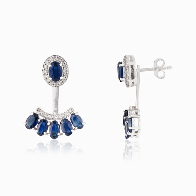 4.16ct Natural Deep Blue Sapphire and Diamond Jacket Earrings in 14k White Gold- A Pair For Sale - Image 10 of 18