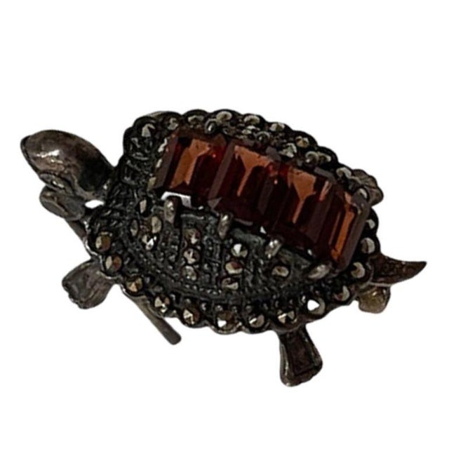 Modern 1970s Sterling Silver Marcasite and Baguette Garnet Turtle Brooch For Sale - Image 3 of 6