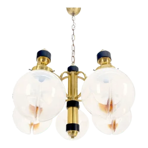 Mid Century Milk Amber Glass 4 Globe Shades Brass Light Fixture Chandelier MINT