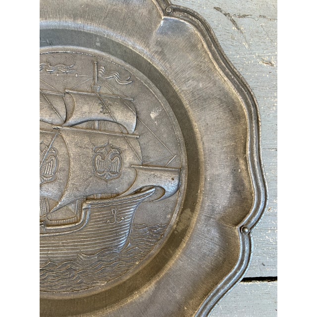 Mid 20th Century Mid-Century German Pewter Sailing Ship Wall Plate With Heraldic Eagles For Sale - Image 5 of 8