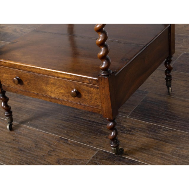 English 19th Century Walnut Barley Twist Tiered Shelf on Casters with Drawer For Sale - Image 4 of 12