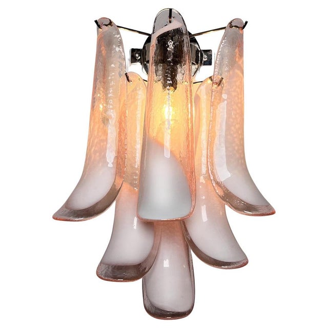 Pair of Vintage Italian Murano appliques. Wall lights have 6 pink and lattimo glass petals (for each applique) in a chrome...