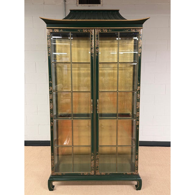 Paint Pagoda Top Chinoiserie Display Cabinet in Green Lacquer From Union National For Sale - Image 7 of 12