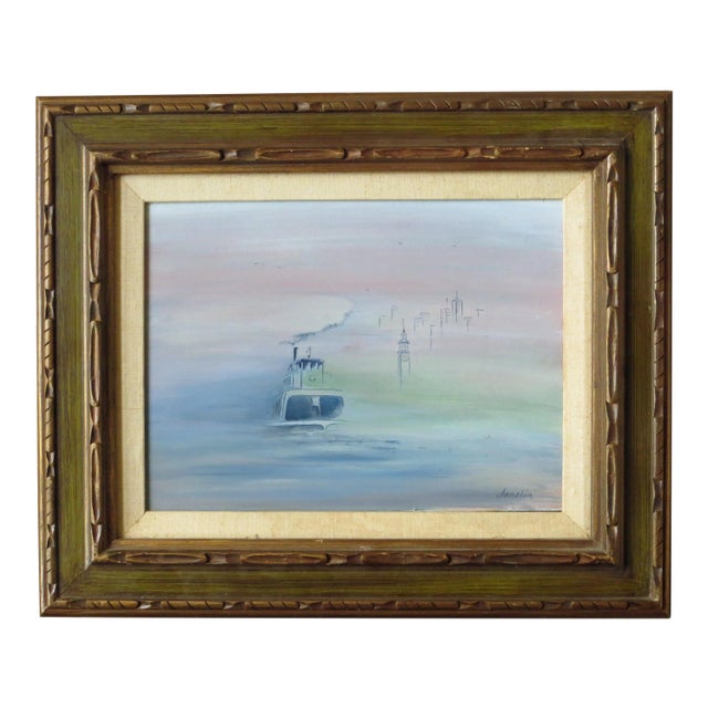 1980s "San Francisco in the Fog" Impressionist Style Nautical Acrylic Painting by Richard Danskin, Framed For Sale