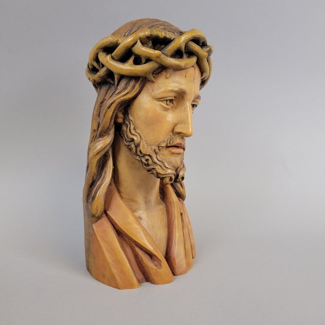 ANRI Anri Hand-Carved Wood Bust of Christ With Crown of Thorns – Italy, Mid-Century For Sale - Image 4 of 13