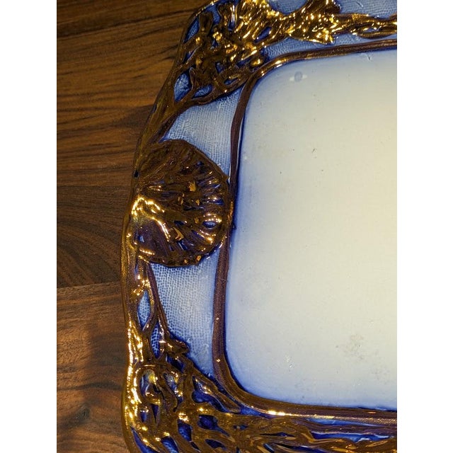 Late 19th Century 1880s Antique Victorian Staffordshire Flow Blue & Copper Luster Shell/Seaweed Square Plate For Sale - Image 5 of 7