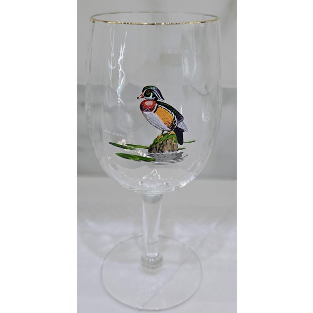 Vintage Ned Smith Waterfowl Series 22k Gold Rim Crinkle Wine Glasses Set of 6 For Sale - Image 11 of 14