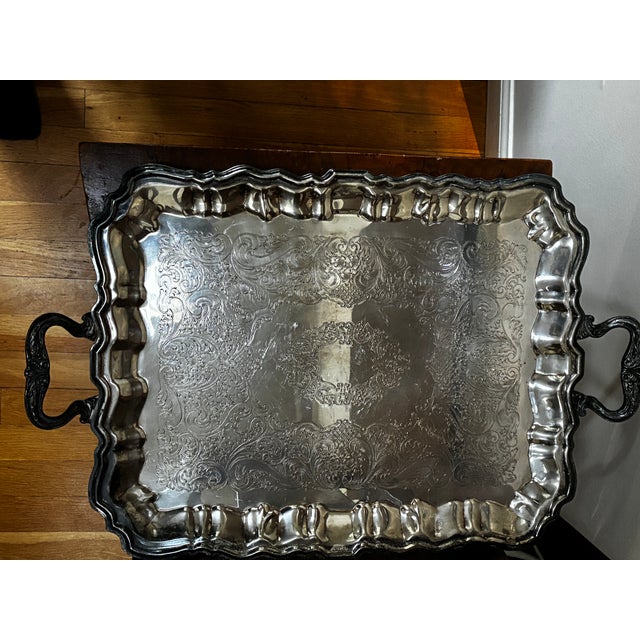 Mid-Century Modern Vintage Mid-Century Cut Crystal Footed Compote Bowl & Ornate Engraved Silver-Plated Butler’s Tray - 2-Piece Set For Sale - Image 3 of 8