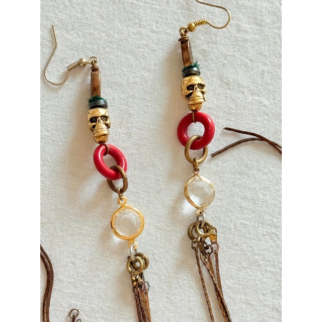 Vintage 1990s Gothic Tribal Brass Skull Shoulder Duster Earrings, Pair For Sale - Image 11 of 14