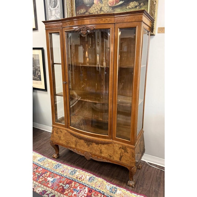 Vintage Burled Walnut Bowfront Curio China Cabinet For Sale - Image 4 of 13
