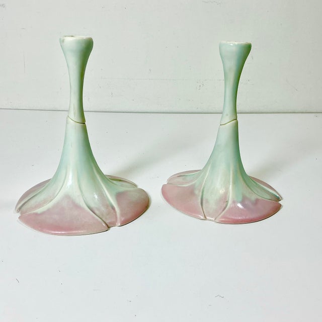 1980s Vintage Art Nouveau Botanical Coastal Porcelain Candle Holders - A Pair, Artist Signed For Sale - Image 13 of 15