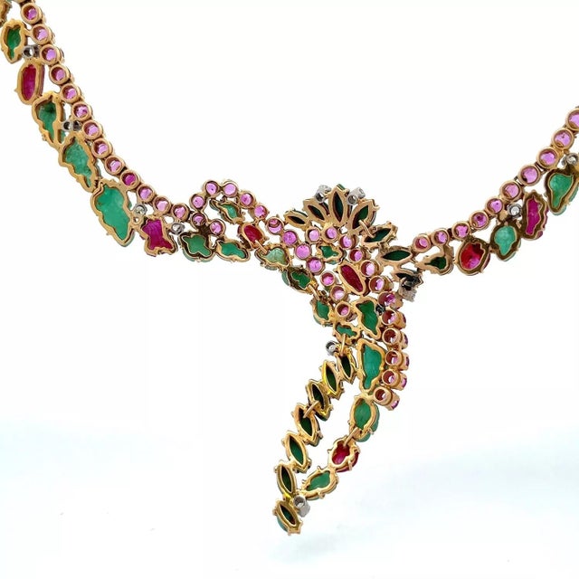 Vintage Diamond Emerald & Ruby 18k Yellow Gold Centerpiece Necklace For Sale - Image 4 of 6