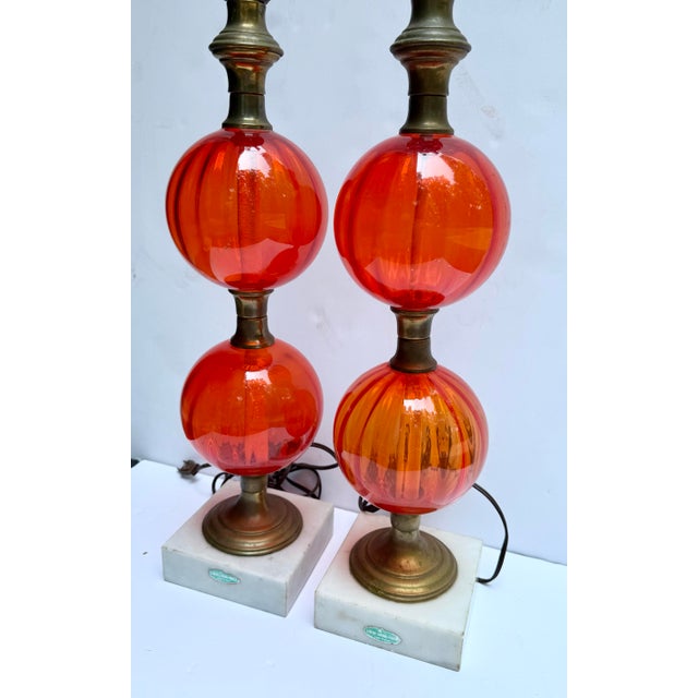 Mid-Century Modern Vintage Stacked Glass Balls Table Lamps on Marble Base - a Pair For Sale - Image 3 of 12