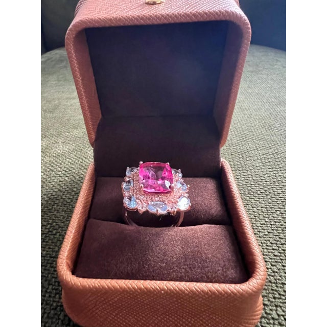 Classic Italian Bochic “Capri” Pink Topaz & Tanzanite Ring Set In 18K Gold & Silver Natural Red Pink Topaz , Radiant Cut...