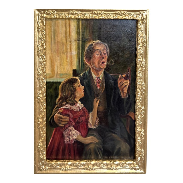 Antique Oil Painting Genre Scene Man With Pipe Child Interior Gilt Frame For Sale